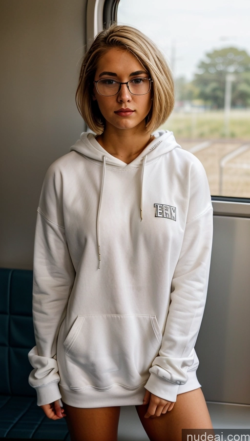 Sorority Glasses 18 Serious Blonde Short Hair Train Front View Cumshot Oversized Sweater/Hoodie Jeans Detailed