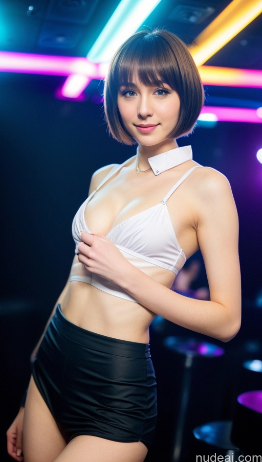 ai nude image of araffe asian woman in a white top and black shorts posing for a picture pics of Small Tits Beautiful Fairer Skin 18 Brunette Short Hair Russian Small Ass Skinny Detailed Maid Cosplay Club