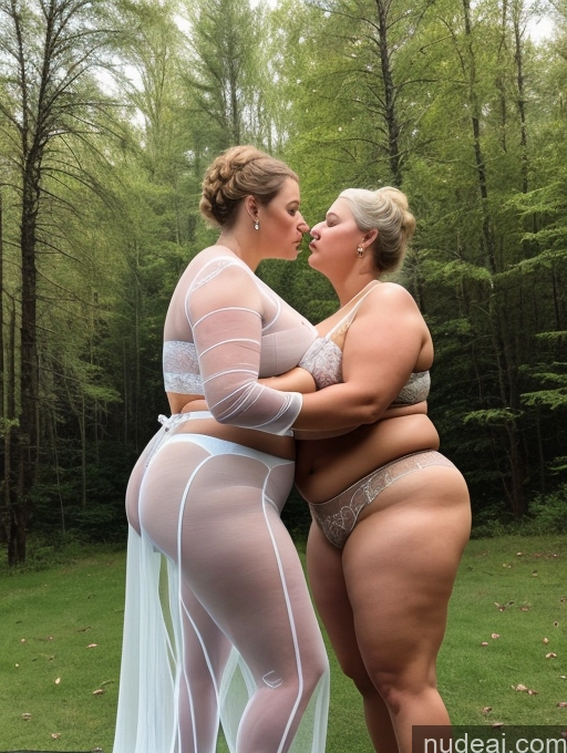 ai nude image of two women in lingeries are standing in a field with trees pics of Woman One Huge Boobs Big Ass Abs Thick Chubby Big Hips 80s Serious Russian Traditional Transparent Kisses