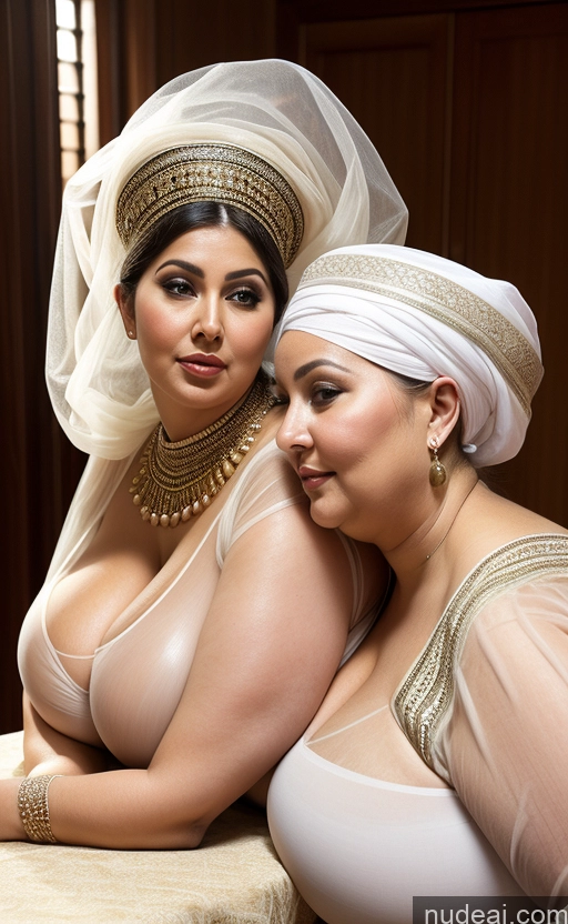 ai nude image of two women in white dresses and head scarves posing for a picture pics of Woman One Busty Huge Boobs Big Ass Thick Chubby Fat 80s Sexy Face Traditional Transparent Cleavage Middle Eastern