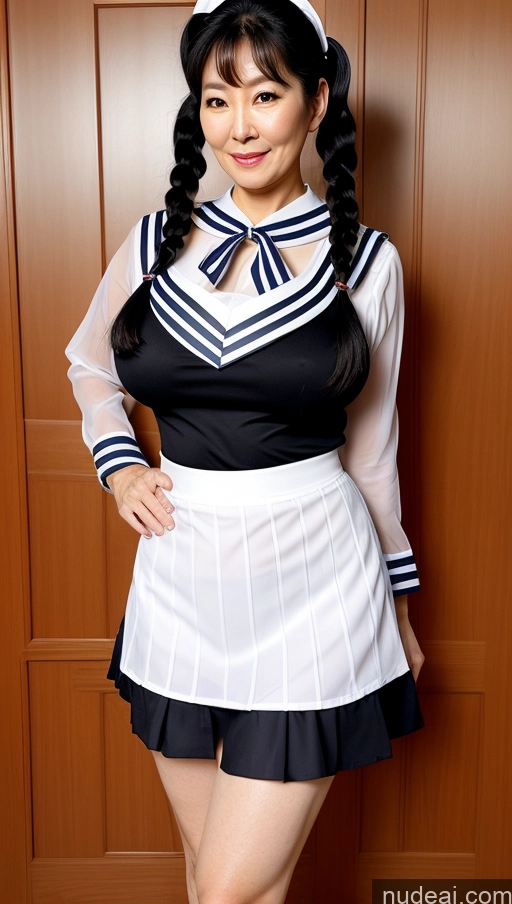 ai nude image of arafed woman in a sailor outfit posing for a picture pics of Milf Busty Pubic Hair Fairer Skin Black Hair Big Hips Big Ass 70s Sailor Mini Skirt Korean Pigtails Transparent