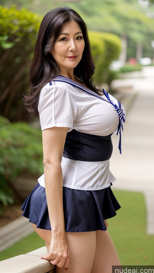 ai nude image of there is a woman in a sailor outfit posing for a picture pics of Milf Busty Pubic Hair Fairer Skin Black Hair Big Hips Big Ass 70s Sailor Korean Microskirt