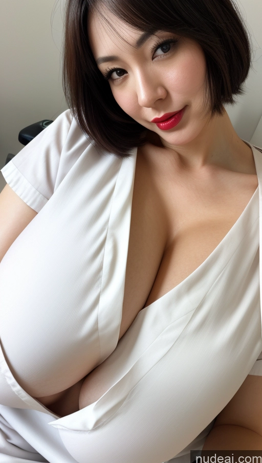 ai nude image of araffed asian woman with big breast posing for a picture pics of Woman One Huge Boobs Beautiful Lipstick Fairer Skin 30s Black Hair Bobcut Japanese Close-up View Detailed Nurse Cleavage