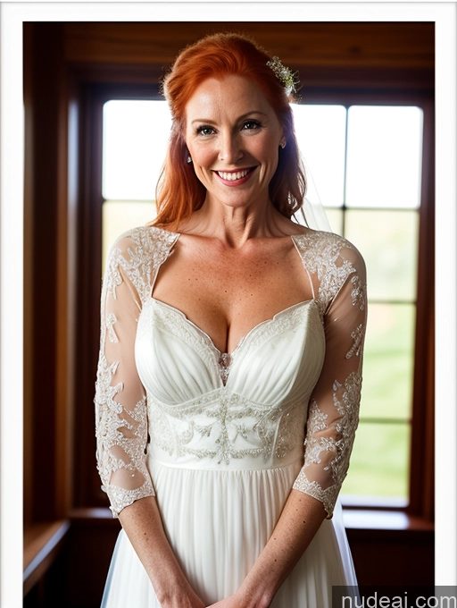 ai nude image of bride in white dress smiling in front of window with red hair pics of Milf Skinny Big Hips Pubic Hair Fairer Skin Irish Dark Fantasy Front View Wedding Transparent Dark Lighting Detailed Happy