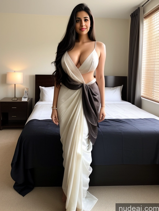 ai nude image of araffe woman in a white dress standing in front of a bed pics of Woman One Beautiful Perfect Body Fairer Skin Black Hair Long Hair Indian Bedroom Sari Perfect Boobs 20s