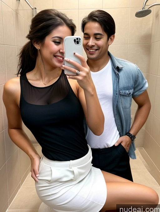 ai nude image of there is a man and woman taking a selfie in a bathroom pics of Woman + Man Small Tits Small Ass Happy Laughing Seductive Sexy Face Ponytail Indian Mirror Selfie Shower Front View On Back Blouse Casual Dress High Heels Jacket Long Skirt Secretary Shirt Tank Top Teacher Cleavage Jewelry