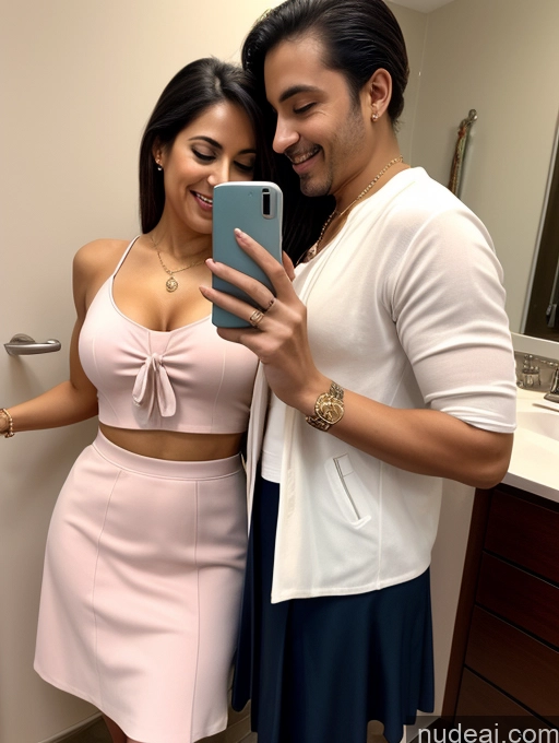 ai nude image of there is a man and woman taking a selfie in a bathroom pics of Woman + Man Small Tits Small Ass Happy Laughing Seductive Sexy Face Ponytail Indian Mirror Selfie Front View On Back Blouse Casual Dress High Heels Jacket Long Skirt Secretary Shirt Tank Top Teacher Cleavage Jewelry Bathroom