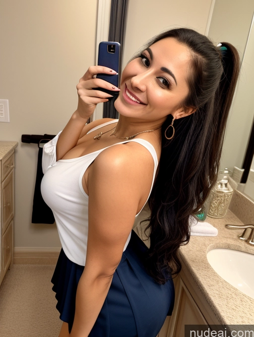 ai nude image of there is a woman taking a selfie in a bathroom mirror pics of Woman + Man Small Tits Small Ass Happy Laughing Seductive Sexy Face Ponytail Indian Mirror Selfie Front View On Back Blouse Casual Dress High Heels Jacket Long Skirt Secretary Shirt Tank Top Teacher Cleavage Jewelry Bathroom