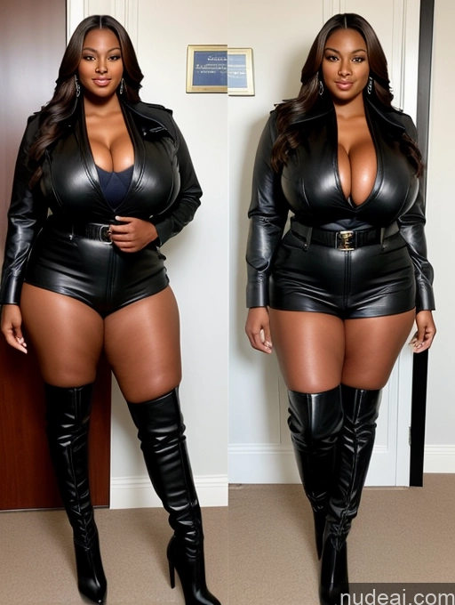 ai nude image of araffes in a black leather outfit and boots posing for a picture pics of Miss Universe Model Busty Huge Boobs Perfect Boobs Big Ass Abs Thick Chubby Big Hips Perfect Body Dark Skin Straight Nigerian Soft + Warm Front View Boots Jacket Leather Police