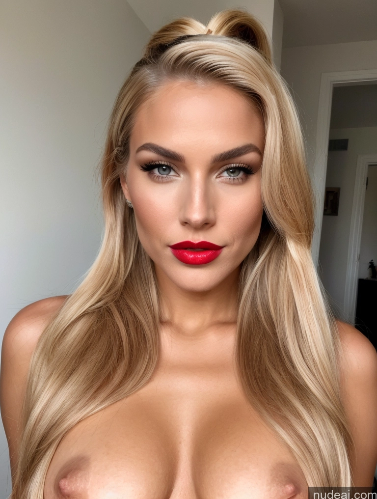 ai nude image of a close up of a woman with a red lipstick and a big breast pics of One Perfect Boobs Perfect Body Sexy Face Front View Miss Universe Model Lipstick Blonde Pigtails