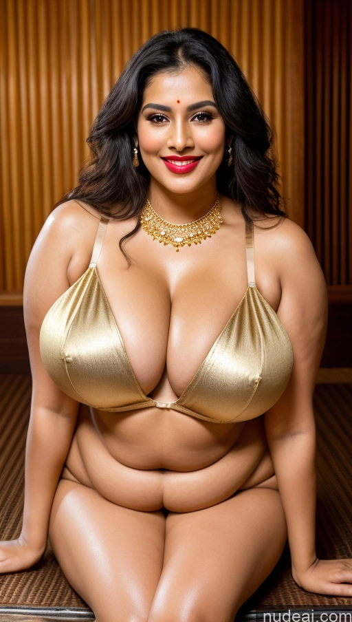 ai nude image of arafed woman in a gold bikini posing for a picture pics of Miss Universe Model Busty Huge Boobs Beautiful Lipstick Big Ass Chubby Fairer Skin 50s Happy Seductive Sexy Face Black Hair Straight Indian Onsen Front View Bra Sari Traditional Gold Jewelry Jewelry Bright Lighting