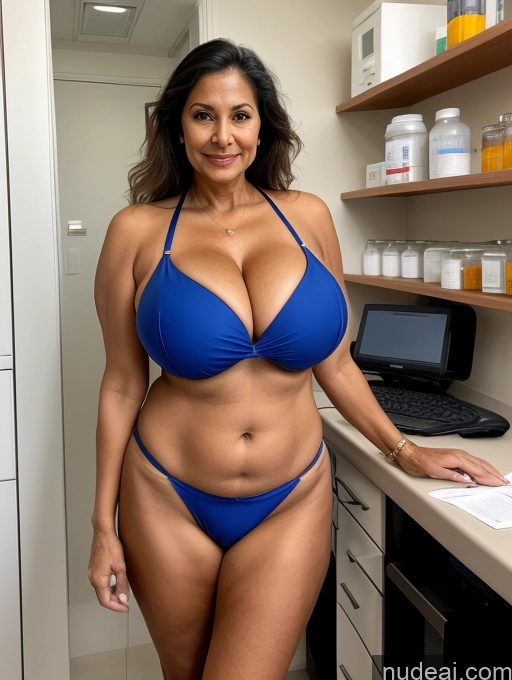 ai nude image of arafed woman in a blue bikini posing in a kitchen pics of Milf One Busty Huge Boobs Tanned Skin Front View Microkini Thong Brazilian Lab Coat Professor 70s