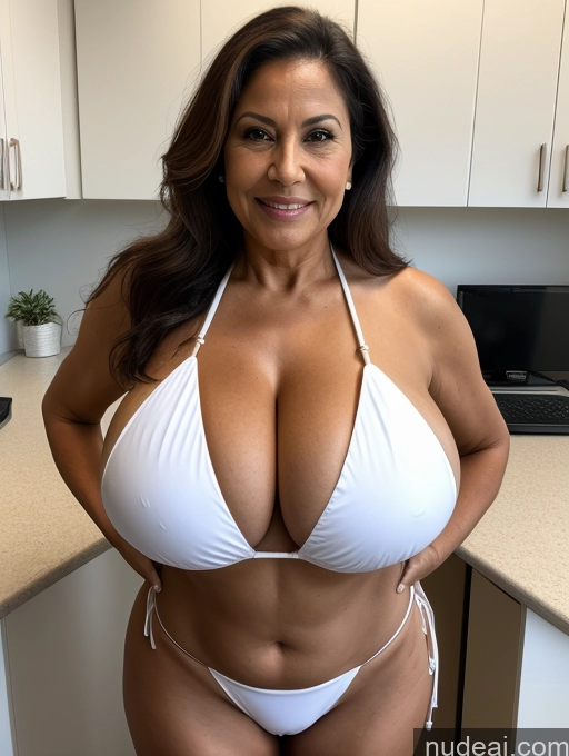 ai nude image of araffe woman in a white bikini posing in a kitchen pics of Milf One Busty Huge Boobs Tanned Skin Front View Microkini Thong Brazilian Lab Coat Professor 70s