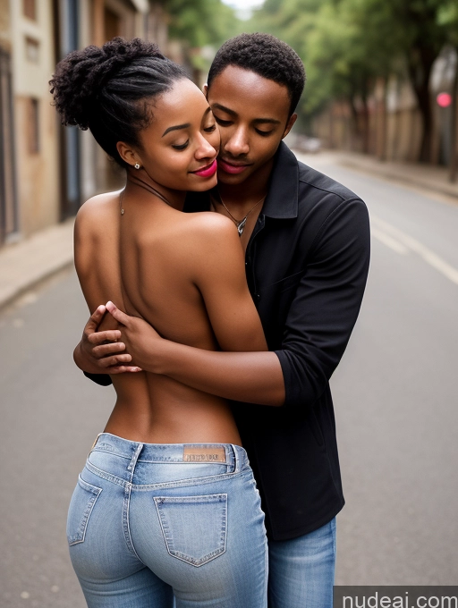 ai nude image of there is a man and woman hugging on the street pics of Woman + Man Two Perfect Boobs Small Tits Beautiful Lipstick Small Ass Skinny Abs Thick Perfect Body Pubic Hair Tanned Skin 18 Black Hair Straight Ethiopian Street Jeans Carry On Back Hug From Behind Topless