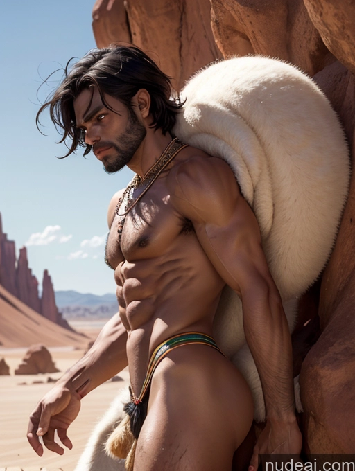 ai nude image of arafed man with a fur coat on his shoulders leaning against a rock pics of Bodybuilder Muscular Big Hips Busty Serious Seductive Short Hair Dark Skin Desert Tribal Traditional Nigerian Bodypaint Thick Abs Hairy Women Fur Jumping Side View Fantasy Style Jeff Easley