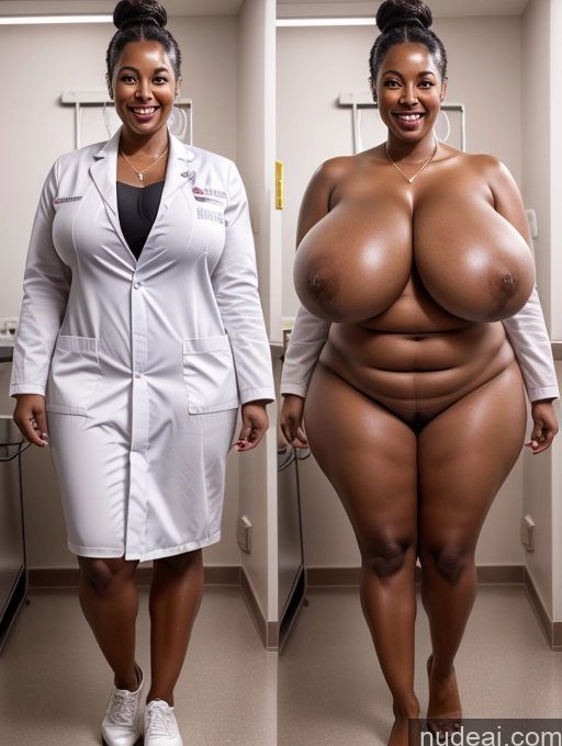 ai nude image of arafed woman in a white lab coat and a woman in a white lab coat pics of Woman One Busty Huge Boobs Beautiful Skinny Happy Brunette Hair Bun Black Dark Skin 30s Lab Coat Onoff Hospital