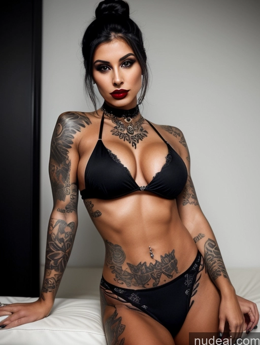 ai nude image of arafed woman with tattoos on her body and a black bra pics of Perfect Boobs Beautiful Lipstick Tattoos Abs Perfect Body 18 Sexy Face Black Hair Hair Bun Goth Busty Muscular Tanned Skin Arabic