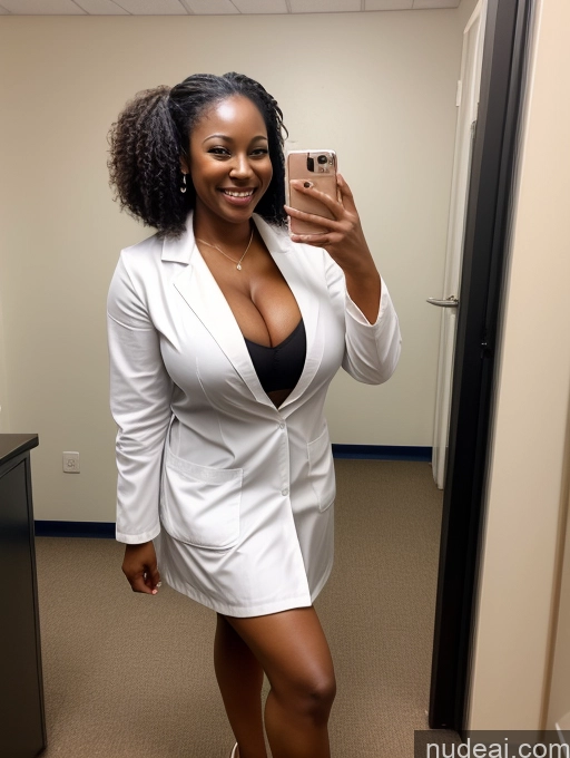 ai nude image of there is a woman taking a selfie in a white suit pics of Woman One Busty Huge Boobs Beautiful Skinny Happy Brunette Hair Bun Black Dark Skin 30s Nude High Heels Teacher Lab Coat