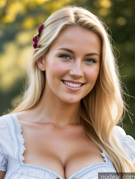 ai nude image of blonde woman with a flower in her hair smiling at the camera pics of Huge Boobs Perfect Body 18 Happy Sexy Face Blonde Scandinavian Dirndl Medieval Cleavage Bright Lighting Side View