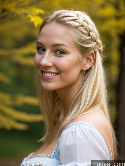 ai nude image of blonde woman with braid hair in a blue dress smiling pics of Huge Boobs Perfect Body 18 Happy Sexy Face Blonde Scandinavian Dirndl Medieval Cleavage Bright Lighting Side View