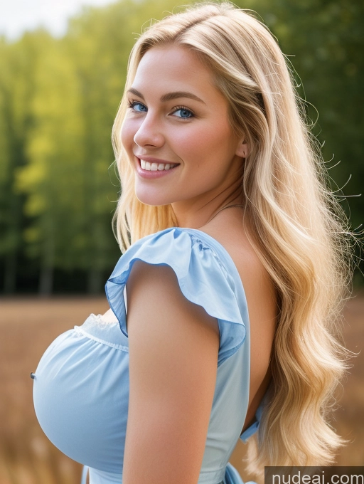 ai nude image of blonde woman with blue dress smiling in field of tall grass pics of Huge Boobs Perfect Body 18 Happy Sexy Face Blonde Scandinavian Dirndl Medieval Cleavage Bright Lighting Side View