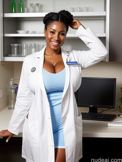 ai nude image of smiling woman in lab coat posing in front of computer desk pics of Busty Huge Boobs Beautiful Skinny Happy Black Dark Skin Nude Lab Coat 30s Hair Bun Black Hair