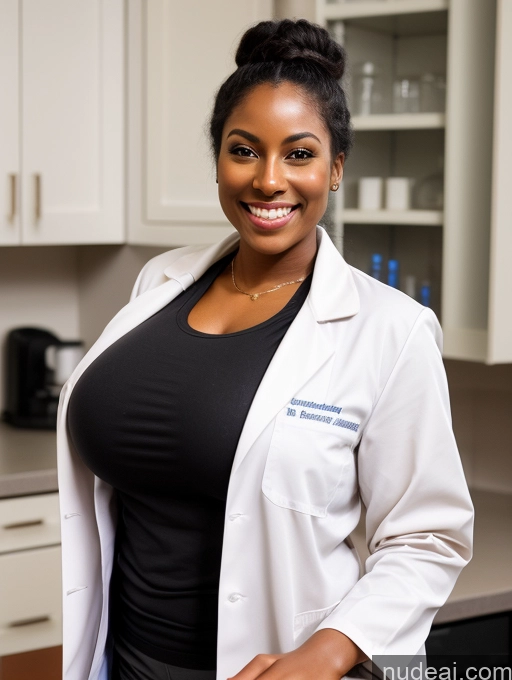 ai nude image of smiling woman in lab coat standing in kitchen with counter top pics of Busty Huge Boobs Beautiful Skinny Happy Black Dark Skin Nude Lab Coat 30s Hair Bun Black Hair Long Legs