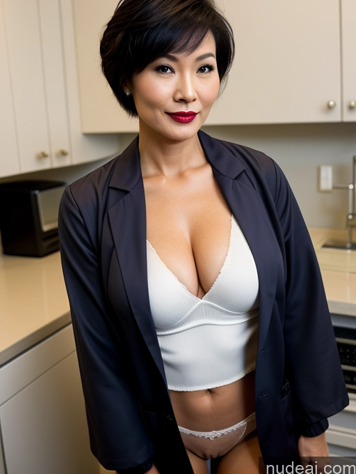 ai nude image of there is a woman in a white bra top and black blazer pics of Milf Perfect Boobs Lipstick Pixie Asian Bra Doctor Lab Coat Cleavage Partially Nude Dark Lighting