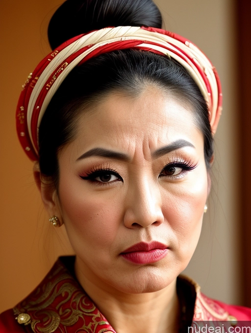 ai nude image of arafed woman with a red and gold headband and a red and white shirt pics of Milf Beautiful Sexy Face Asian Hair Bun Traditional Angry 30s Pouting Lips