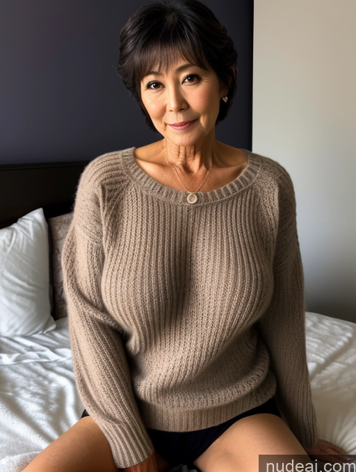 ai nude image of arafed woman sitting on a bed in a tan sweater pics of Milf One Perfect Boobs Beautiful Perfect Body Pubic Hair 60s Pixie Japanese Bedroom Spreading Legs Sweater Dark Lighting