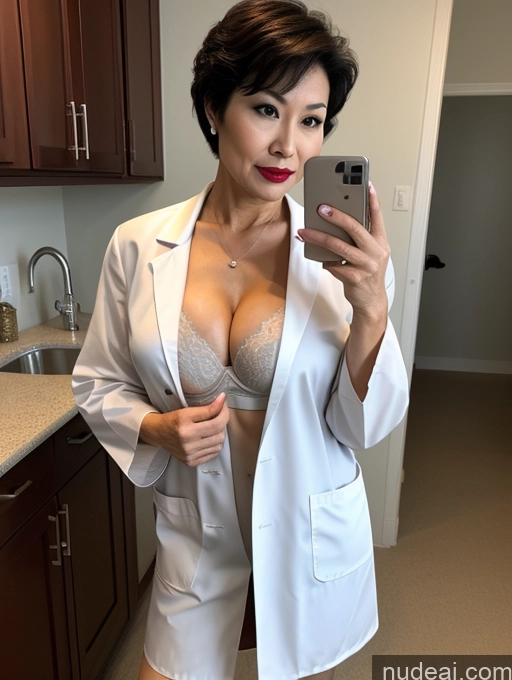 ai nude image of there is a woman taking a selfie in a white suit pics of Milf Perfect Boobs Lipstick Pixie Asian Bra Doctor Lab Coat Cleavage Partially Nude Dark Lighting 60s