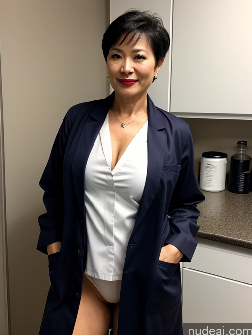 ai nude image of there is a woman in a white shirt and blue jacket pics of Milf Perfect Boobs Lipstick Pixie Asian Bra Doctor Lab Coat Cleavage Partially Nude Dark Lighting 50s