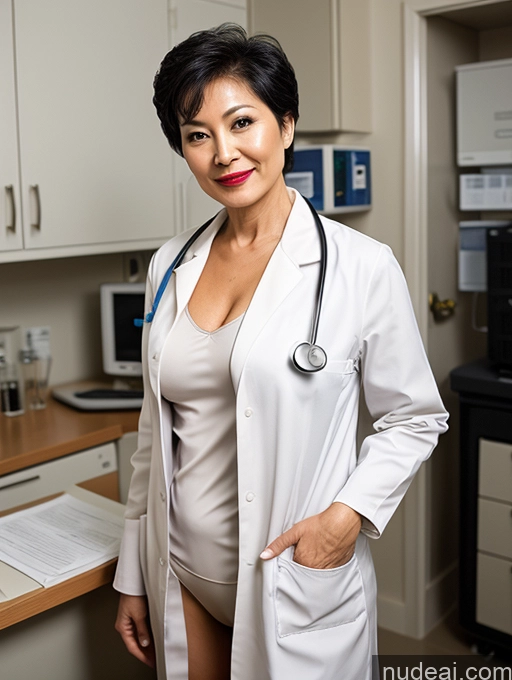 ai nude image of woman in white lab coat standing in kitchen with papers on counter pics of Milf Perfect Boobs Lipstick Pixie Asian Bra Doctor Lab Coat Cleavage Partially Nude Dark Lighting 50s