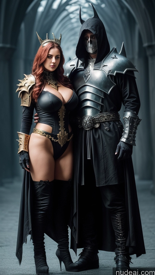 ai nude image of arafed woman in a black leather outfit and a man in a black costume pics of Woman + Man Huge Boobs Perfect Boobs Abs 18 Nude Detailed Gold Jewelry Death Knight Fantasy Armor Hell Surrealist Several Martial Arts Seductive Ginger Russian Big Hips Big Ass