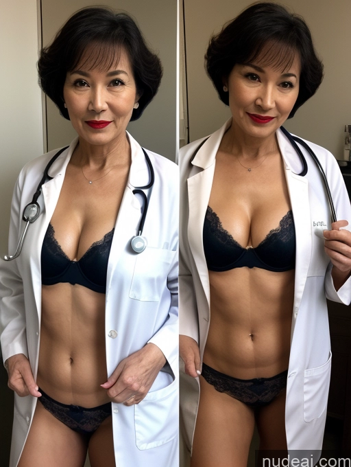 ai nude image of there is a woman in a lab coat and panties posing for a picture pics of Milf Perfect Boobs Lipstick Pixie Asian Bra Doctor Lab Coat Cleavage Partially Nude Dark Lighting 70s