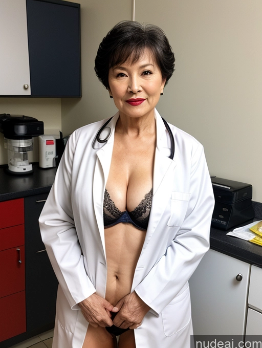 ai nude image of arafed woman in a lab coat posing for a picture pics of Milf Perfect Boobs Lipstick Pixie Asian Bra Doctor Lab Coat Cleavage Partially Nude Dark Lighting 80s