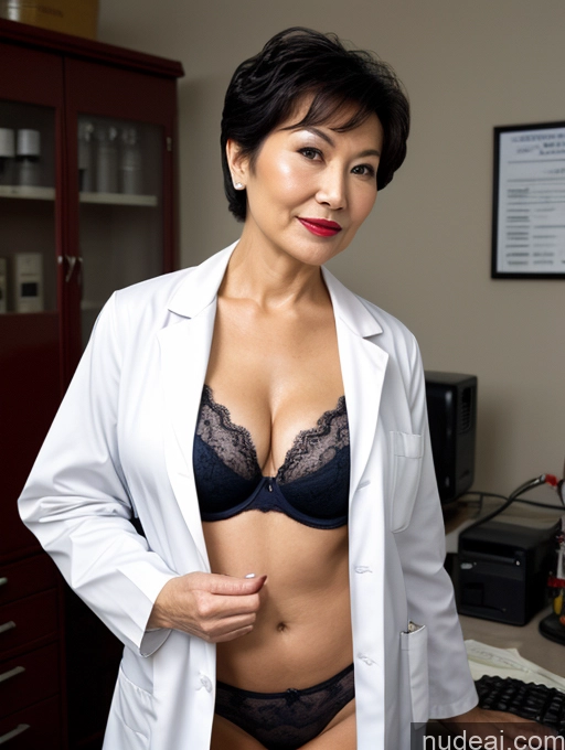 ai nude image of arafed woman in a lab coat posing for a picture pics of Milf Perfect Boobs Lipstick Pixie Asian Bra Doctor Lab Coat Cleavage Partially Nude Dark Lighting 80s