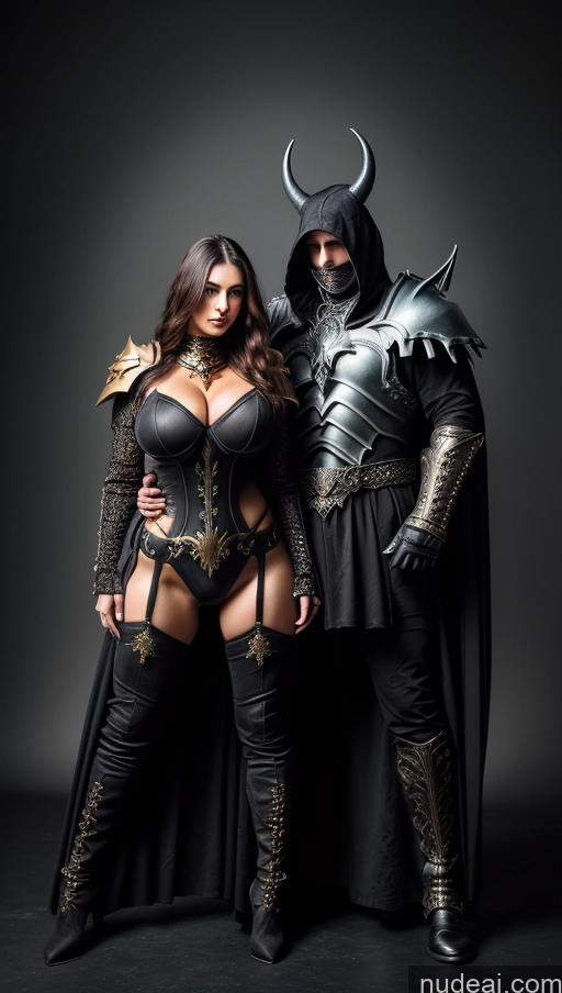 ai nude image of arafed woman in a black costume and a man in a black costume pics of Woman + Man Huge Boobs Perfect Boobs Abs 18 Nude Detailed Gold Jewelry Death Knight Fantasy Armor Hell Surrealist Several Martial Arts Seductive Ginger Russian Big Hips Big Ass