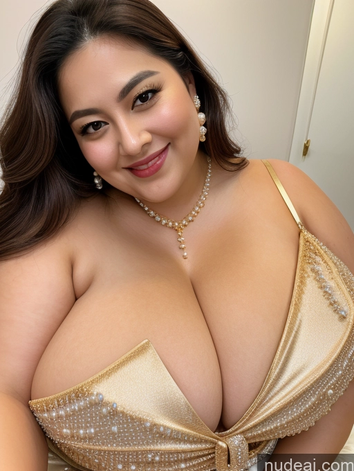 ai nude image of araffe woman in a gold dress posing for a picture pics of 30s Busty Huge Boobs Thick Chubby Fat Happy Close-up View Blouse Cleavage Satin Pearl Jewelry Diamond Jewelry Gold Jewelry Jewelry Korean