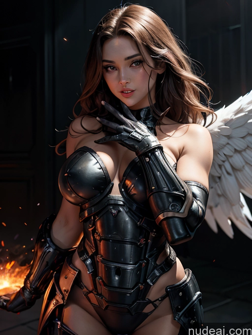 ai nude image of arafed woman in armor with wings and a sword pics of EdgHalo_armor, Power Armor, Wearing EdgHalo_armor, Powering Up Beautiful Perfect Body 40s Happy Skinny Tall Long Hair Topless Dark Lighting Brunette Tanned Skin Czech Small Tits Miss Universe Model Vampire Angel Sci-fi Armor