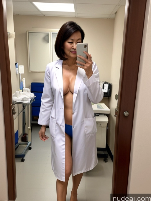 ai nude image of arafed woman in a lab coat taking a selfie in a mirror pics of Milf Perfect Boobs Perfect Body 60s Bobcut Chinese Hospital Doctor Lab Coat Panties Cleavage Partially Nude Stylish