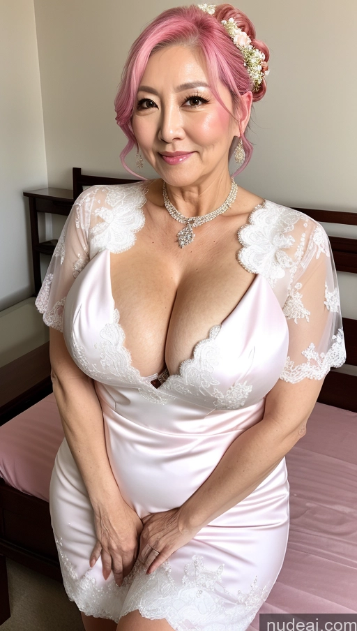 ai nude image of there is a woman with pink hair posing on a bed pics of Milf Busty Big Ass Big Hips Pubic Hair Fairer Skin Korean 60s Wedding Pink Hair