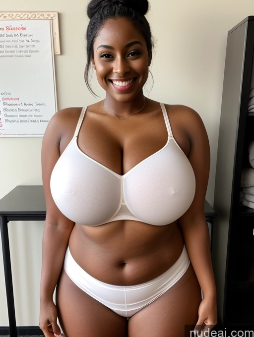 ai nude image of there is a woman in a white bra and panties posing for a picture pics of Busty Huge Boobs Beautiful Skinny 20s Brunette Dark Skin Black Nude Happy Sports Bra Hair Bun Teacher