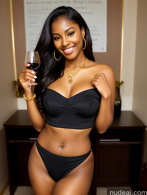 ai nude image of there is a woman in a black bikini holding a glass of wine pics of Wine Gold Jewelry Teacher High Heels Nigerian Dark Skin Tanned Skin Two Sorority Happy Seductive Sexy Face