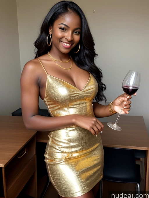 ai nude image of there is a woman in a gold dress holding a glass of wine pics of Wine Gold Jewelry Teacher High Heels Nigerian Dark Skin Tanned Skin Two Sorority Happy Seductive Sexy Face