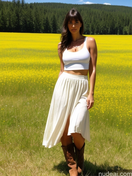 ai nude image of araffe standing in a field of yellow flowers with a white top pics of Woman One Perfect Boobs Tanned Skin 30s Serious Brunette Bangs White Film Photo Front View Boots Long Skirt Tank Top Meadow