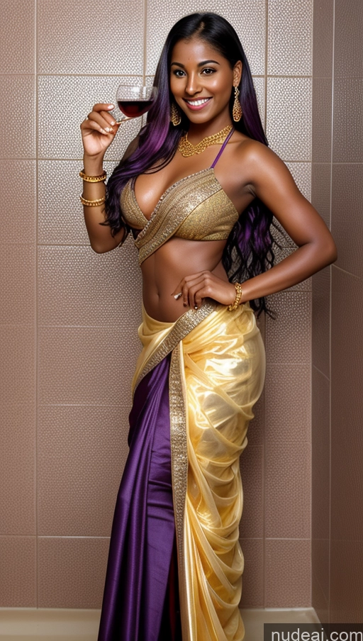 ai nude image of araffe woman in a sari holding a glass of wine pics of Wine Gold Jewelry High Heels Dark Skin Tanned Skin Two Sorority Happy Seductive Sexy Face Purple Hair Shower Transparent Sari Latina