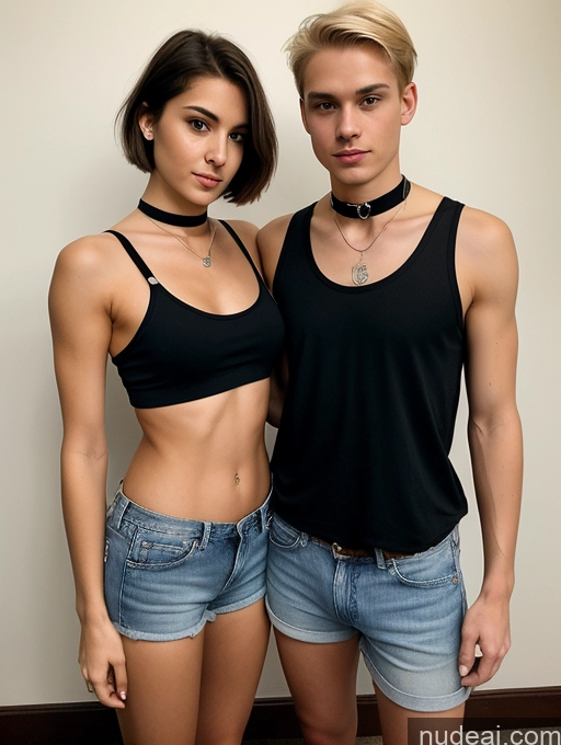 ai nude image of there are two young people standing next to each other pics of Woman + Man Small Tits Beautiful Skinny Small Ass 18 Blonde Short Hair Seductive Serious German Party Daisy Dukes Choker Tank Top