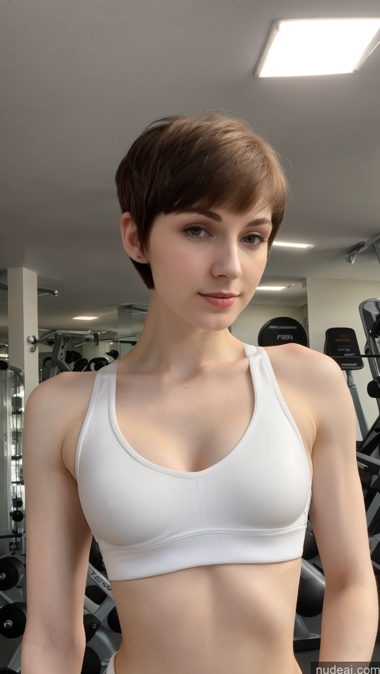 ai nude image of arafed woman in a white sports bra top standing in a gym pics of Fairer Skin 18 Brunette Short Hair Russian Detailed Small Tits Beautiful Skinny Small Ass Gym Cleavage Sports Bra