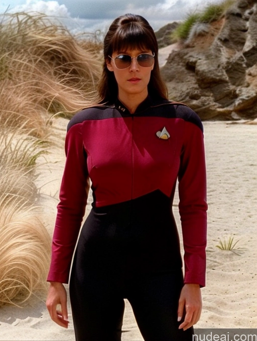 ai nude image of araffe in a red shirt and black pants standing on a beach pics of Woman Several Perfect Boobs Beautiful Sunglasses Long Legs Tall Perfect Body Tanned Skin 20s Seductive Bangs German Skin Detail (beta) Beach Star Trek TNG Uniforms: Captains